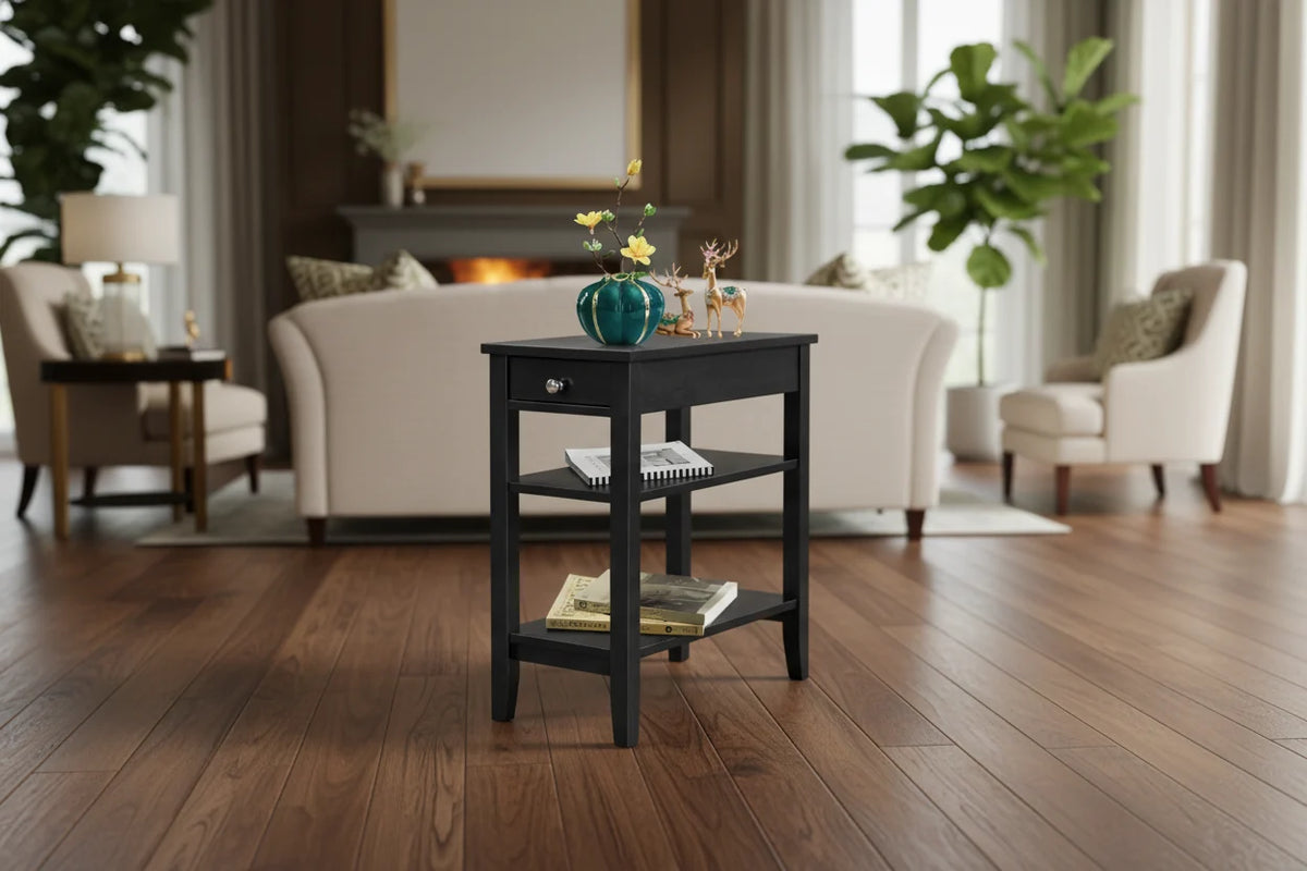 Space-Saving Side End Table with Drawer and 2-Tier Open Storage Shelves