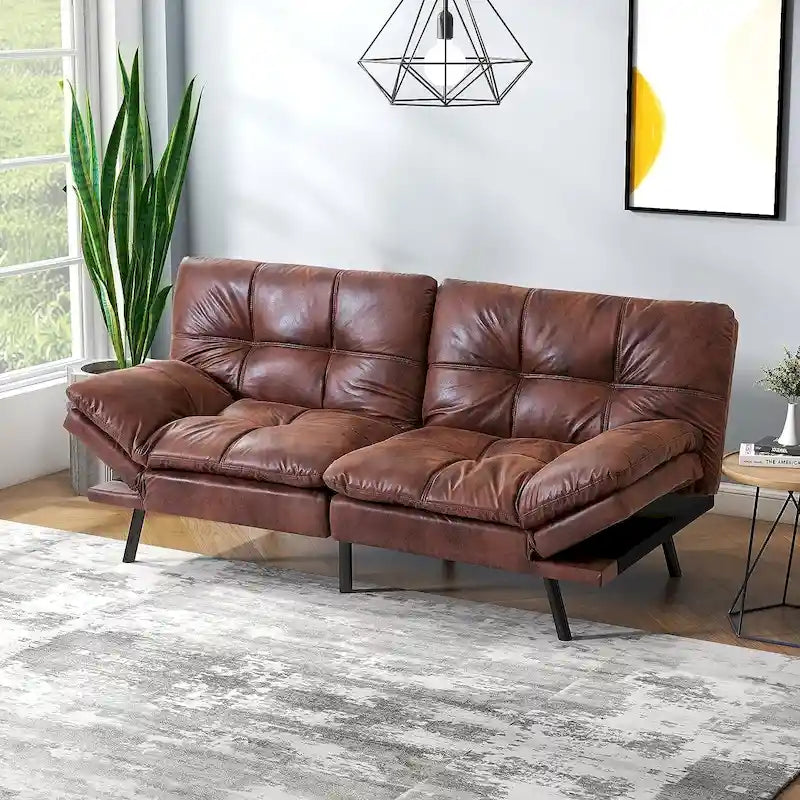 Futon Sofa Rozkładana, Piankowa Składana Kanapa Kabriolet Dwuosobowa Leżanka z Regulowanymi Podłokietnikami do Małych Przestrzeni
