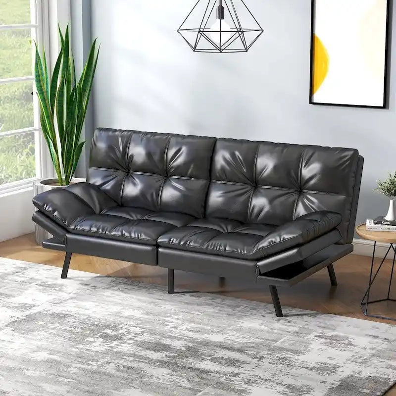 Futon Sofa Rozkładana, Piankowa Składana Kanapa Kabriolet Dwuosobowa Leżanka z Regulowanymi Podłokietnikami do Małych Przestrzeni