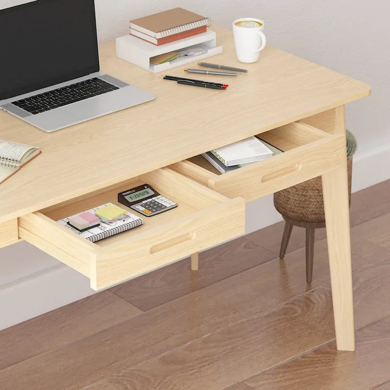 Beige Wooden Computer Desk, 47 Writing Desk with 2 Drawers