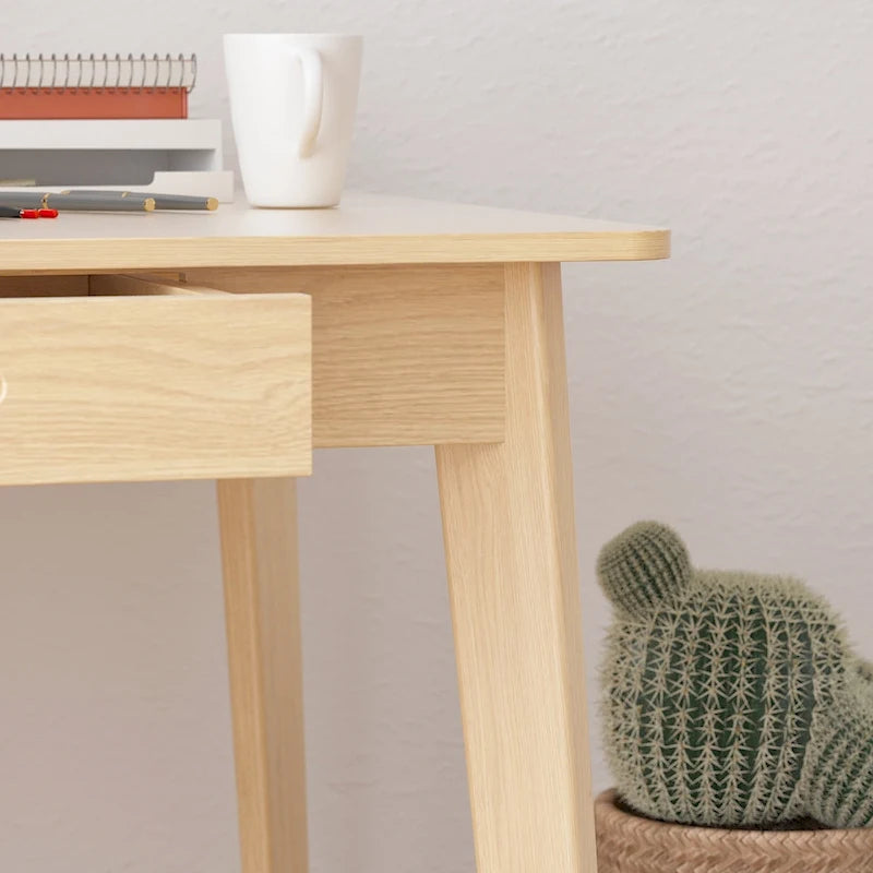 Beige Wooden Computer Desk, 47 Writing Desk with 2 Drawers