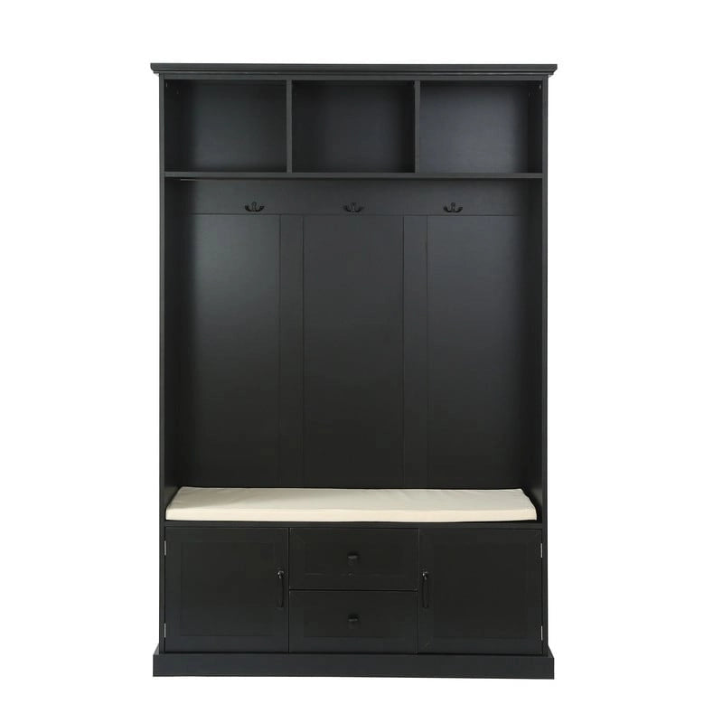 3-in-1 Design Hall Tree with Storage Bench,3 Hooks and Cushion