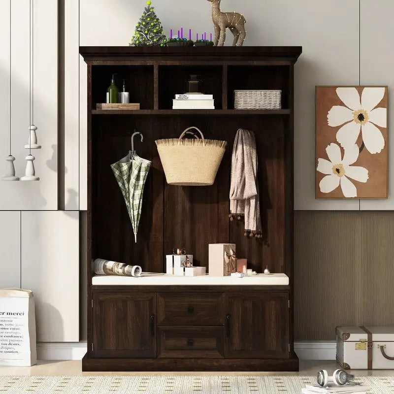 3-in-1 Design Hall Tree with Storage Bench,3 Hooks and Cushion