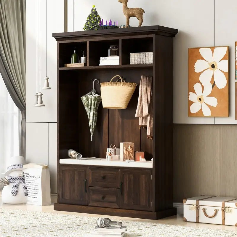 3-in-1 Design Hall Tree with Storage Bench,3 Hooks and Cushion