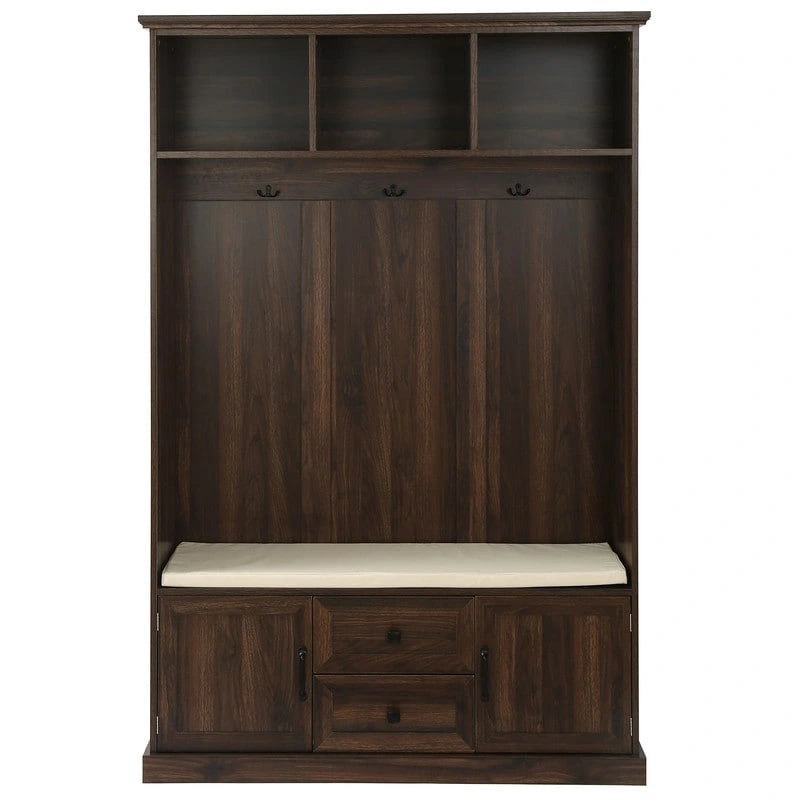 3-in-1 Design Hall Tree with Storage Bench,3 Hooks and Cushion