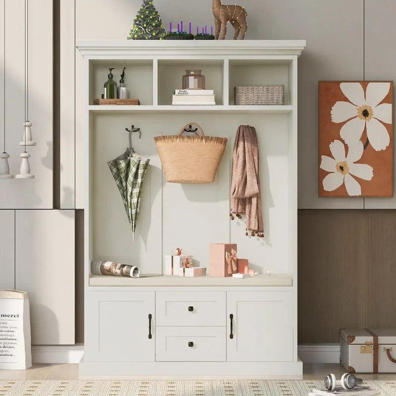 3-in-1 Design Hall Tree with Storage Bench,3 Hooks and Cushion