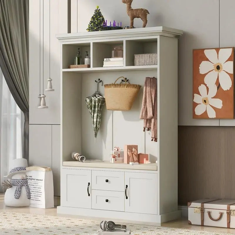 3-in-1 Design Hall Tree with Storage Bench,3 Hooks and Cushion