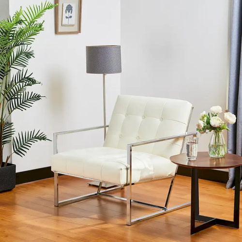 Fotel akcentujący z tuftowanej skóry PU w stylu mid-century, kremowy, 30.50H, z chromowaną ramą