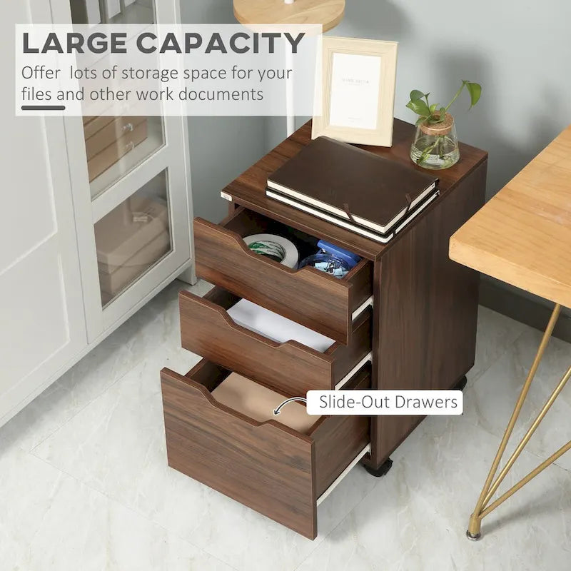 3 Drawer Office Storage Cabinet, Under Desk Cabinet with Wheels, Brown Wood Grain