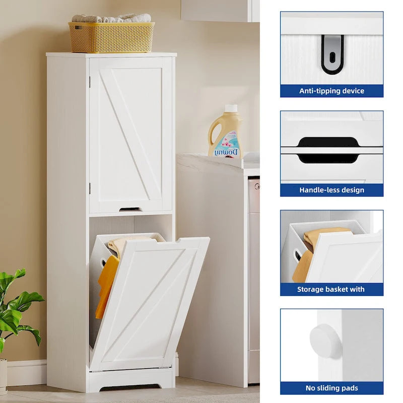 53H Tilt Out Laundry Hamper Bathroom Storage Cabinet with Adjustable Shelves and Basket