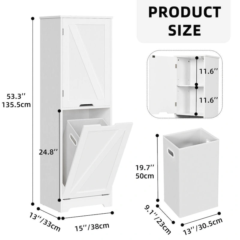 53H Tilt Out Laundry Hamper Bathroom Storage Cabinet with Adjustable Shelves and Basket