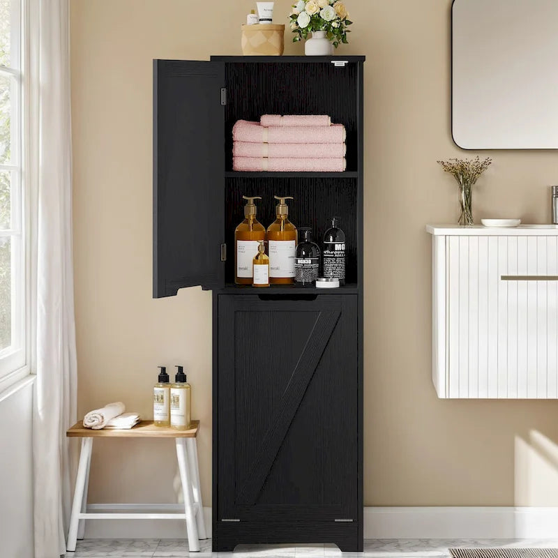53H Tilt Out Laundry Hamper Bathroom Storage Cabinet with Adjustable Shelves and Basket