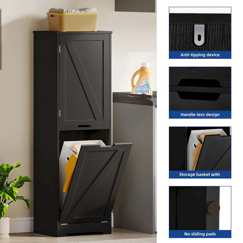 53H Tilt Out Laundry Hamper Bathroom Storage Cabinet with Adjustable Shelves and Basket