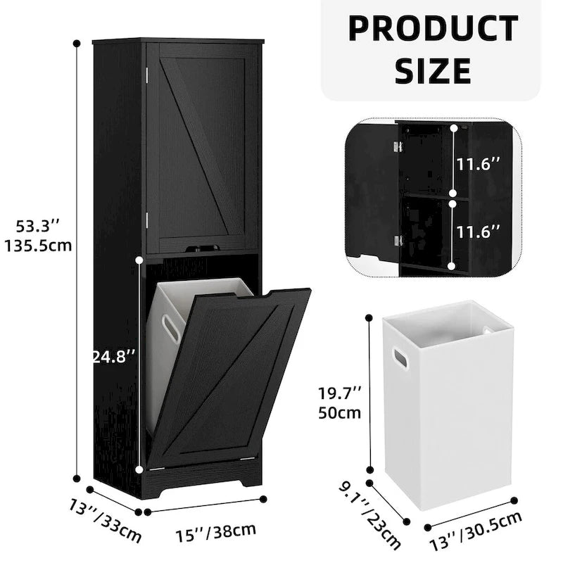53H Tilt Out Laundry Hamper Bathroom Storage Cabinet with Adjustable Shelves and Basket